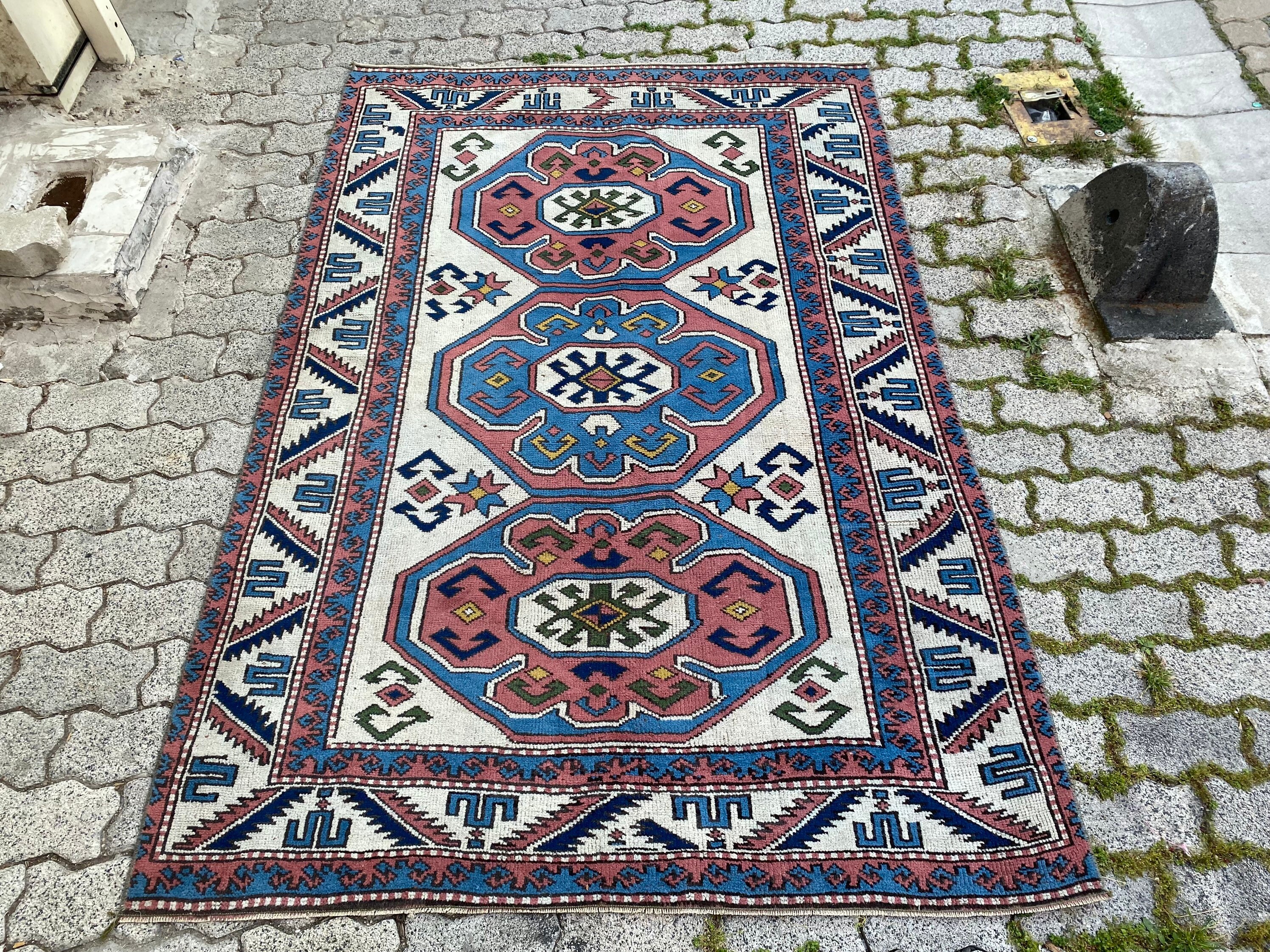 4x7 Vimtage Rug, Handmade Oushak Blue Decor Wool Rug, Area Rug, Floor Antique Rug, Turkish Rug, 4x7 Natural Carpet, Aztec Rug, P2565