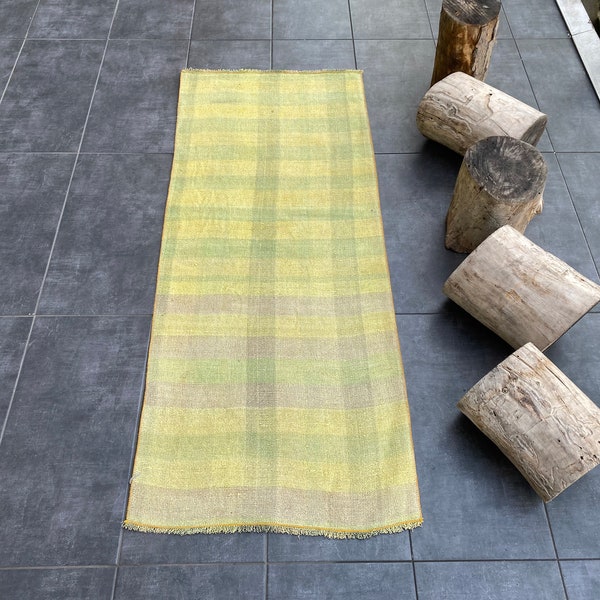 2x5 Neutral Decor Turkish Kilim Area Rug, Handmade Kilim, Yellow & Green Design Antique  Rug, Tribal Modern Decor Kilim Carpet, 153x64 Cm