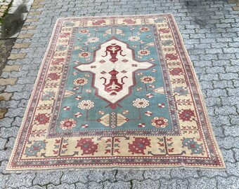 Oushak Turkey Rug, Modern And Traditional Carpet, Area Rug, Living Room Decor Rug, 6x8 Ft,  Blue & Beige Oriental Carpet, Antique Rug, 2428