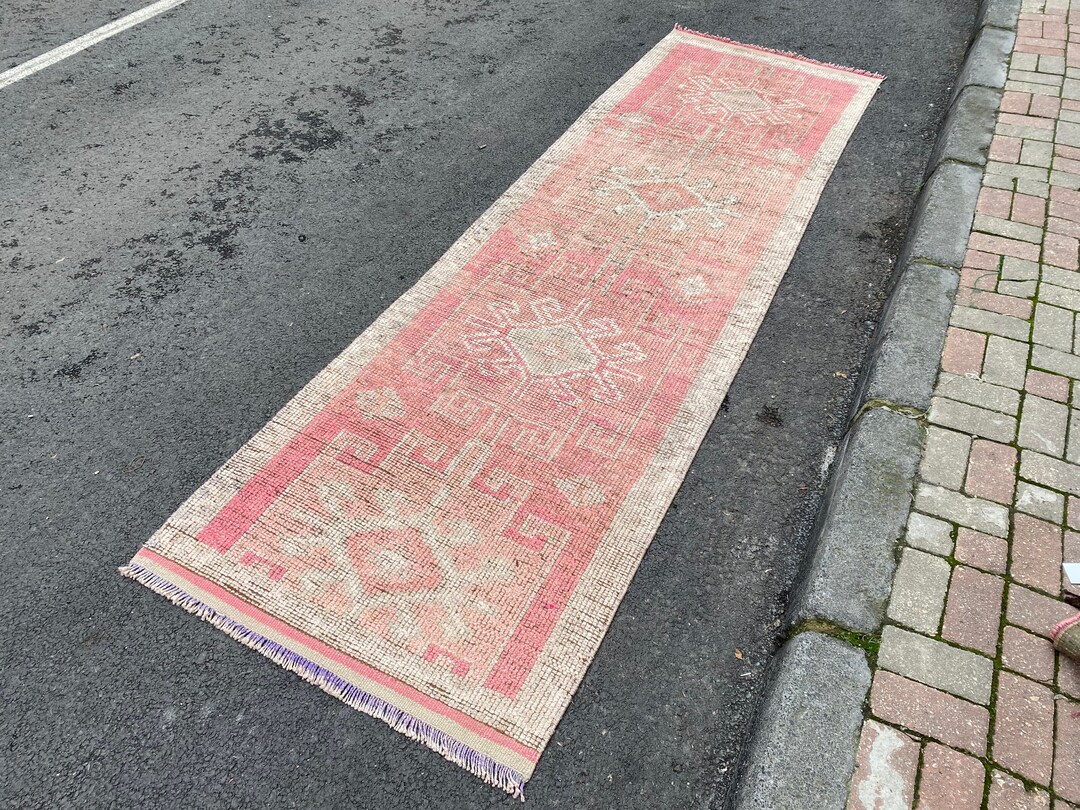 Beige and Pink Vintage Runner Rug, 115x33 Ft, Natural Rug, Handwoven