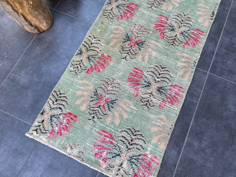 Turquoise Runner, Pink Designer Oushak Runner, 2x8 Unique Runner Rug, Wool Turkey Rug, Modern Antique 2x8 Rug, Vintage Runner, 250x60 Cm image 4