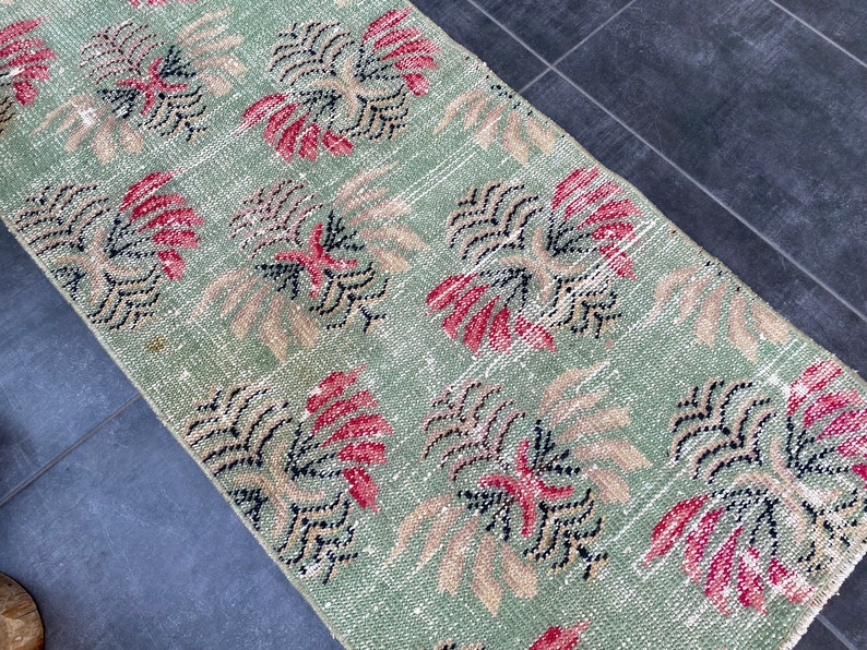 Turquoise Runner, Pink Designer Oushak Runner, 2x8 Unique Runner Rug, Wool Turkey Rug, Modern Antique 2x8 Rug, Vintage Runner, 250x60 Cm image 8