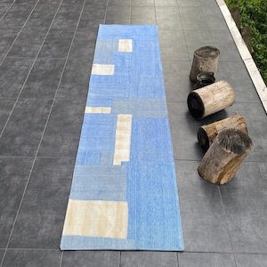 Blue Patchwork Runner, Turkish Rug Runner, Kilim Hand Knotted Runner, Ethnic Anatolia Runner, Vintage 2x8 Runner, Authentic Rug, 250x67 Cm