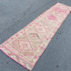 Vintage Pastel Pink Rug, 12’6x2’9 Ft, Floor Runner Rug, Hallway Oushak Rug, Turkish Boho Rug, 286x90 Cm