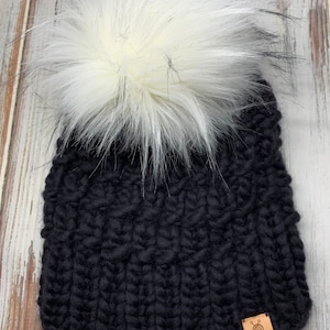 Luxury Hand Knit Merino Beanie - with REMOVABLE faux fur pom pom