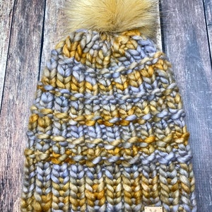 Luxury Hand Knit Merino Wool Beanie with REMOVABLE faux fur pom pom