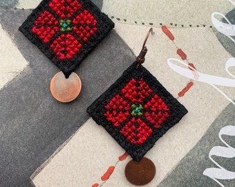 Palestinian embroidered earrings. Boho earrings. Palestinian embroidery tatreez