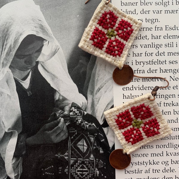 Traditional embroidered Palestinian earrings. Tatreez. Palestinian embroidery