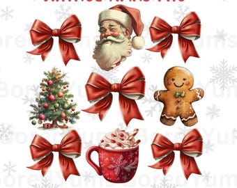 Op de afbeelding: Een set vintage kerstclipart-afbeeldingen. De set bevat een kerstman, een peperkoekman, een kerstboom, een rode strik, een kopje warme chocolademelk en een rode strik. De afbeeldingen zijn in cartoon-stijl en perfect om een feestelijke touch aan je projecten te geven.