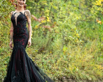 Krista Black and Red Wedding Dress, Gothic Wedding Dress with illusion back , Trumpet Black Dress, Black Lace Wedding Dress,