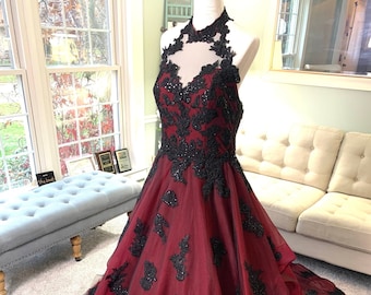 Burgundy and Black Wedding Dress, Wine Red Wedding Dress,Halloween Wedding Dress,Gothic Wedding Dress, Custom Black Wedding Dress