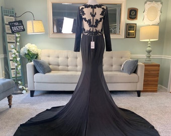 Ashleigh Black Wedding dress With Sleeves,  Black Wedding Dress With Illusion Back , Black Satin Wedding dress, Custom wedding dress