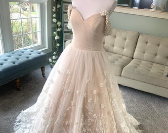 Elisabeth Champagne Wedding dress, A-Line Wedding Dress with 3D flowers, Disney Wedding Dress Floral wedding dress, Custom Wedding Dress
