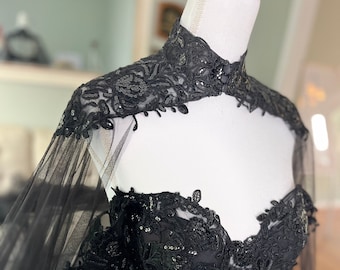 Nocturne Black Lace Bridal Cape Veil: Sequined Wedding Gown Cover