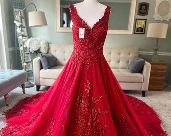 Breana Red Wedding dress, Red ALine Wedding Dress, Gothic Wedding Dress, Halloween Wedding Dress, V neckline red wedding dress