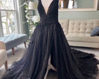 Sarah M Black Bling Wedding Dress with Slit , Custom Black Wedding Dress , Custom Wedding Dress with Bling, Custom Black Dress