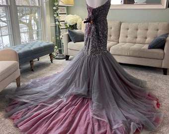 Jenny Charcoal and Dusty Mauve Wedding Dress, Charcoal Wedding Dress with Beaded Lace ,Gothic Wedding Dress, Mermaid Charcoal Dress