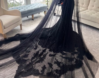 Puede incluir: Un vestido de novia de encaje negro con una cola larga y una capa a juego. El vestido tiene un corpiño ajustado y una falda fluida.