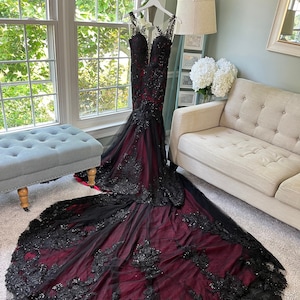 Krista Black and Dark Red Wedding Dress, Gothic Wedding Dress, Trumpet Black Dress, Black Lace Wedding Dress, Illusion Back Wedding Dress