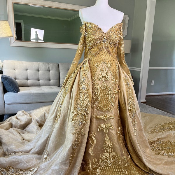 Carlnika Golden Wedding Dress, 2 in 1 Gold Colored Wedding Dress with Removable Train, Custom  Wedding Dress with Removable Train