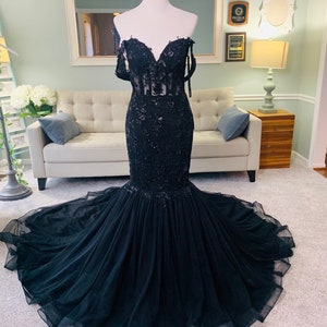 Samantha Black Mermaid Wedding dress with See Through Bodice , Black Wedding Dress, Gothic Wedding Dress, Lace wedding dress