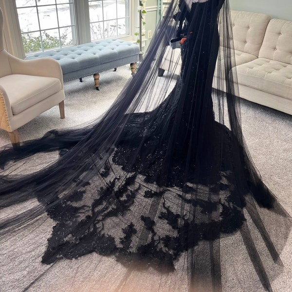 Harmony Custom Black Wedding Dress with Illusion Train & Cape Veil