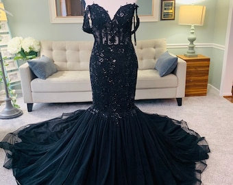 Samantha Black Mermaid Wedding dress with See Through Bodice , Black Wedding Dress, Gothic Wedding Dress, Lace wedding dress