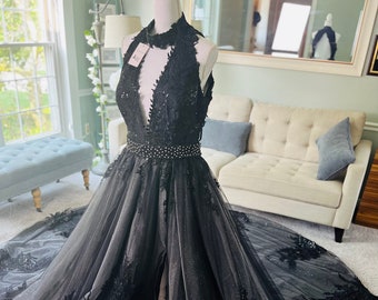 Ashley Black Halter Neck Wedding Dress: Open Back Sparkly Gown