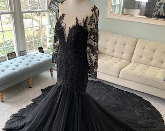 Black Wedding Dress with illusion sleeves ,Gothic Wedding Dress,Trumpet  Wedding Dress, Illusion Back Wedding Dress