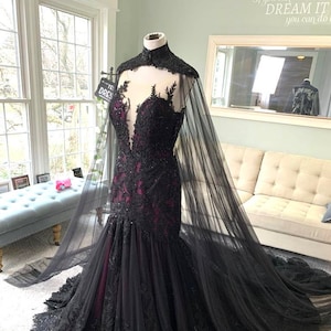 Olivia Black and Purple Wedding Dress with Cape , Black Wedding Dress with Cape, Bridal Cape ,  Gothic Wedding Dress, Illusion Back