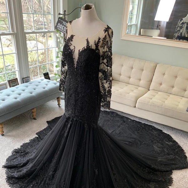 Kennedy Black Wedding Dress with illusion sleeves ,Gothic Wedding Dress,Trumpet  Wedding Dress, Illusion Back Wedding Dress