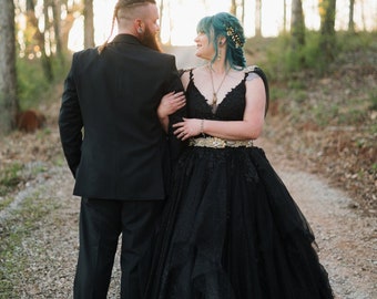 Sarah Custom Black Wedding Dress with a Deep V Neckline and Layered Bling Tulle , Deep V Black Wedding Dress, Custom Gothic Wedding Dress