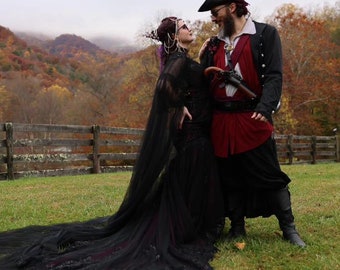 Megan Black and Purple Wedding Dress with Cape, Gothic Wedding Dress with sleeves, Trumpet Black Dress, Black Dress, Halloween Wedding Dress