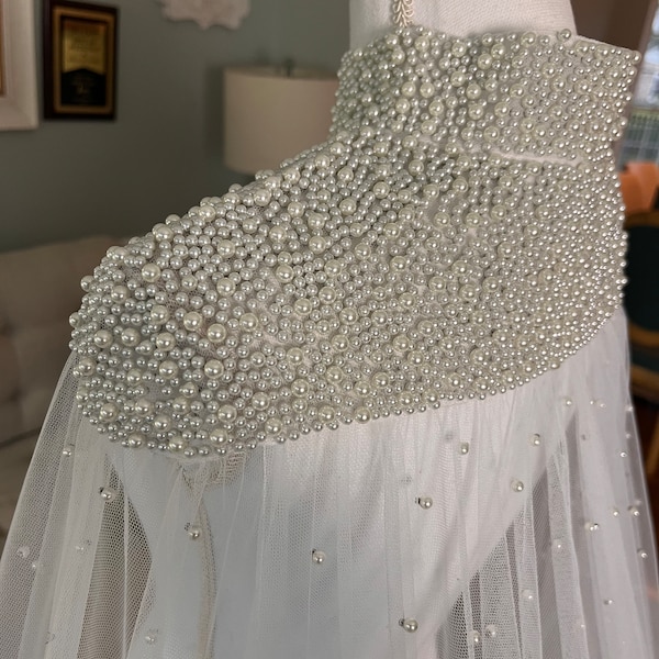 Stella Ivory Bridal Shoulder Cape Veil: Hand-Beaded Pearls, Chapel Length