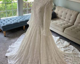 Vickie Vintage Lace Wedding Dress with Long Sleeves | Modest A-Line Bridal Gown with Train | Custom Handmade Gown by Brides & Tailor