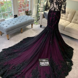 Black and Purple Wedding Dress With Illusion Sleeves, Black Wedding ...