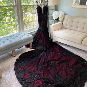 Krista Black and Dark Red Wedding Dress, Gothic Wedding Dress, Trumpet ...