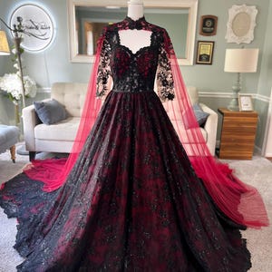 April Red and Black Gothic Wedding Dress: 2-in-1 Removable Skirt & Cape