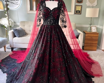 Black Gothic Red and Black Corset Tulle Wedding Dress With Beaded Cape and Bodice, Burgundy and Black Alternative Bride Dress - Etsy Black Gothic Red and Black Corset Tulle Wedding Dress With Beaded Cape and Bodice, Burgundy and Black Alternative Bride Dress - Etsy