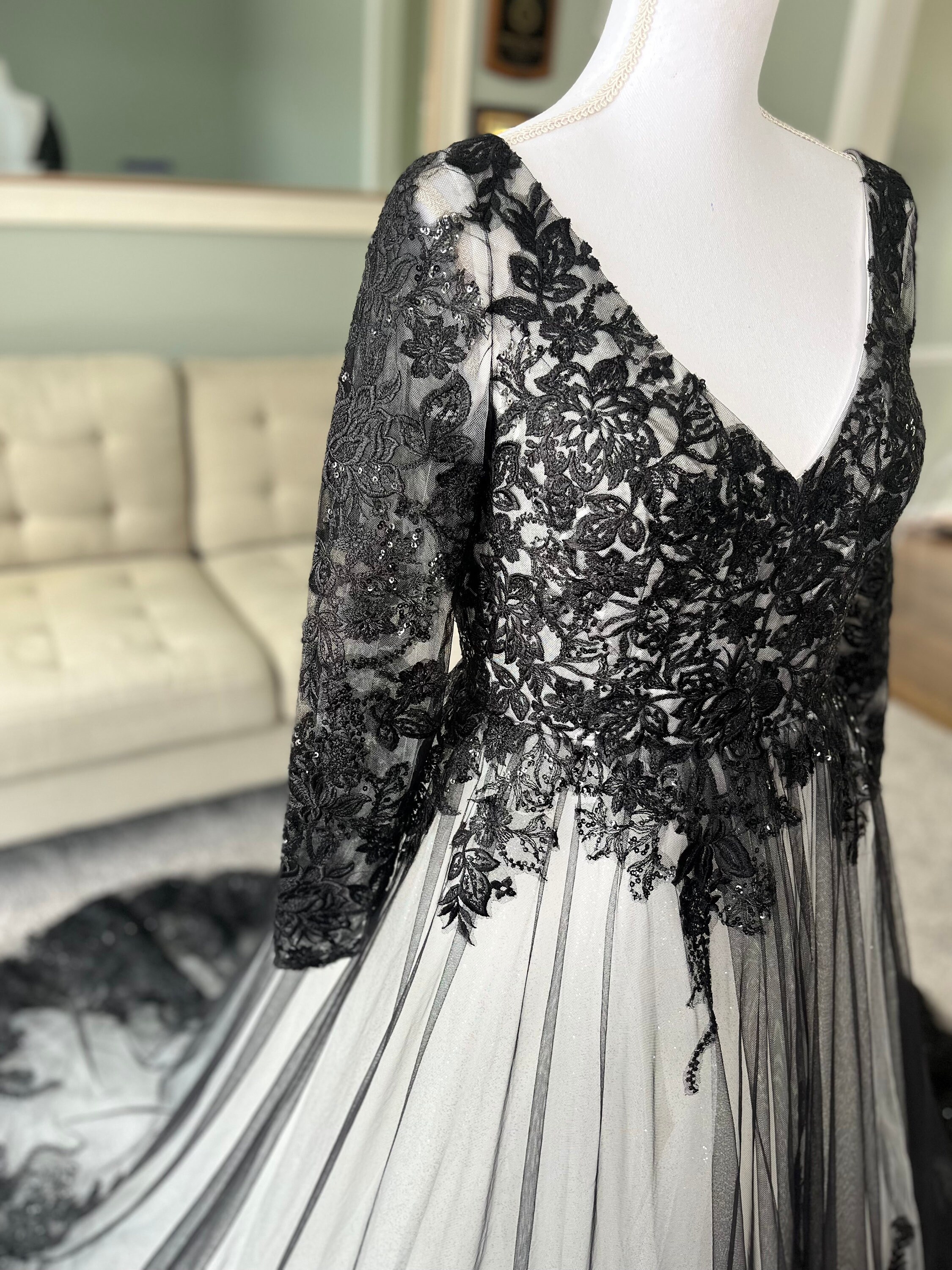 Lita Black Lace Wedding Dress: Ivory Gown With Illusion Sleeves - Etsy