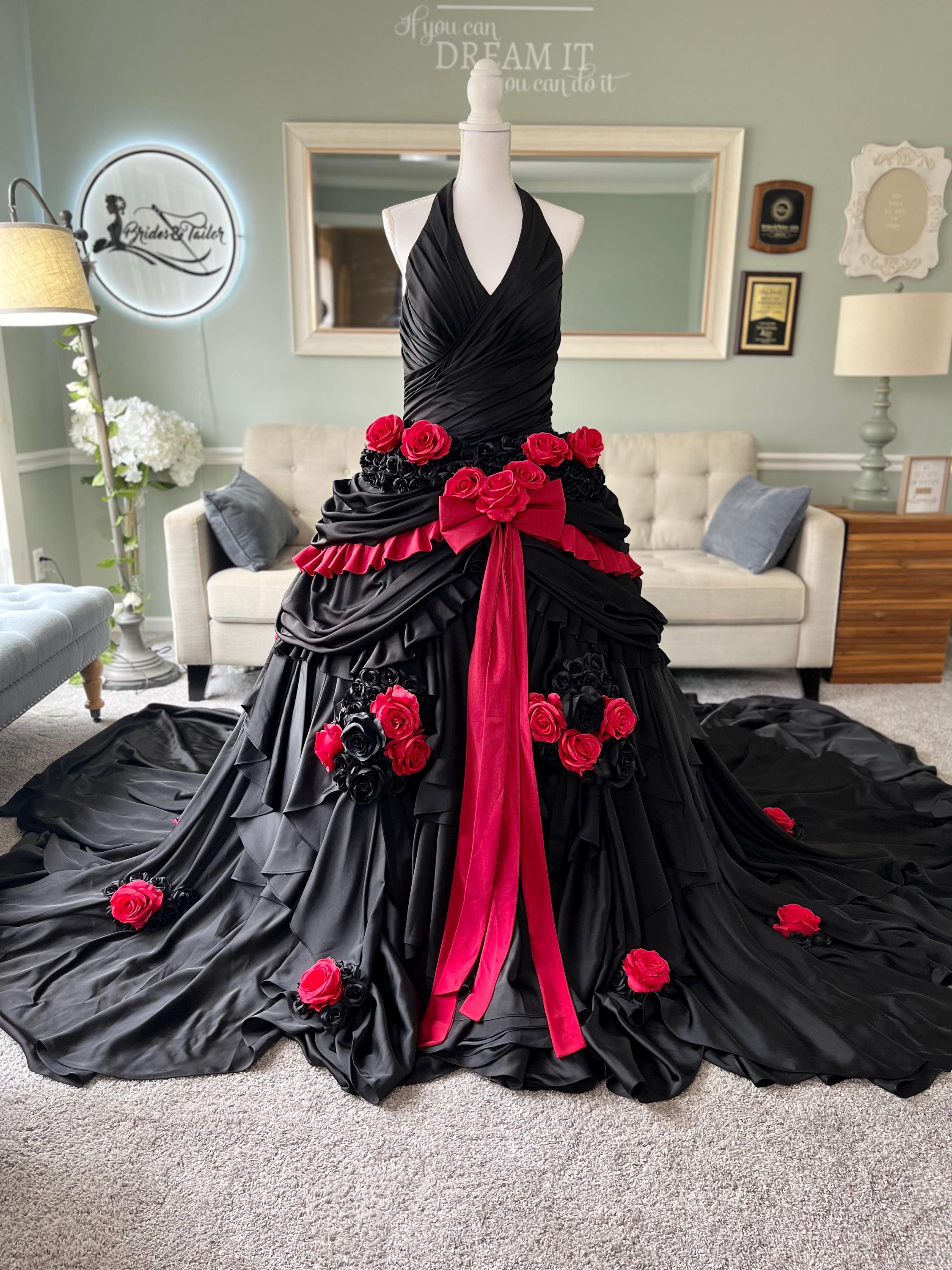 Ball Gown Red And Black Prom Dress With Roses Andrea Leo A1465 Long Floral  Printed Formal