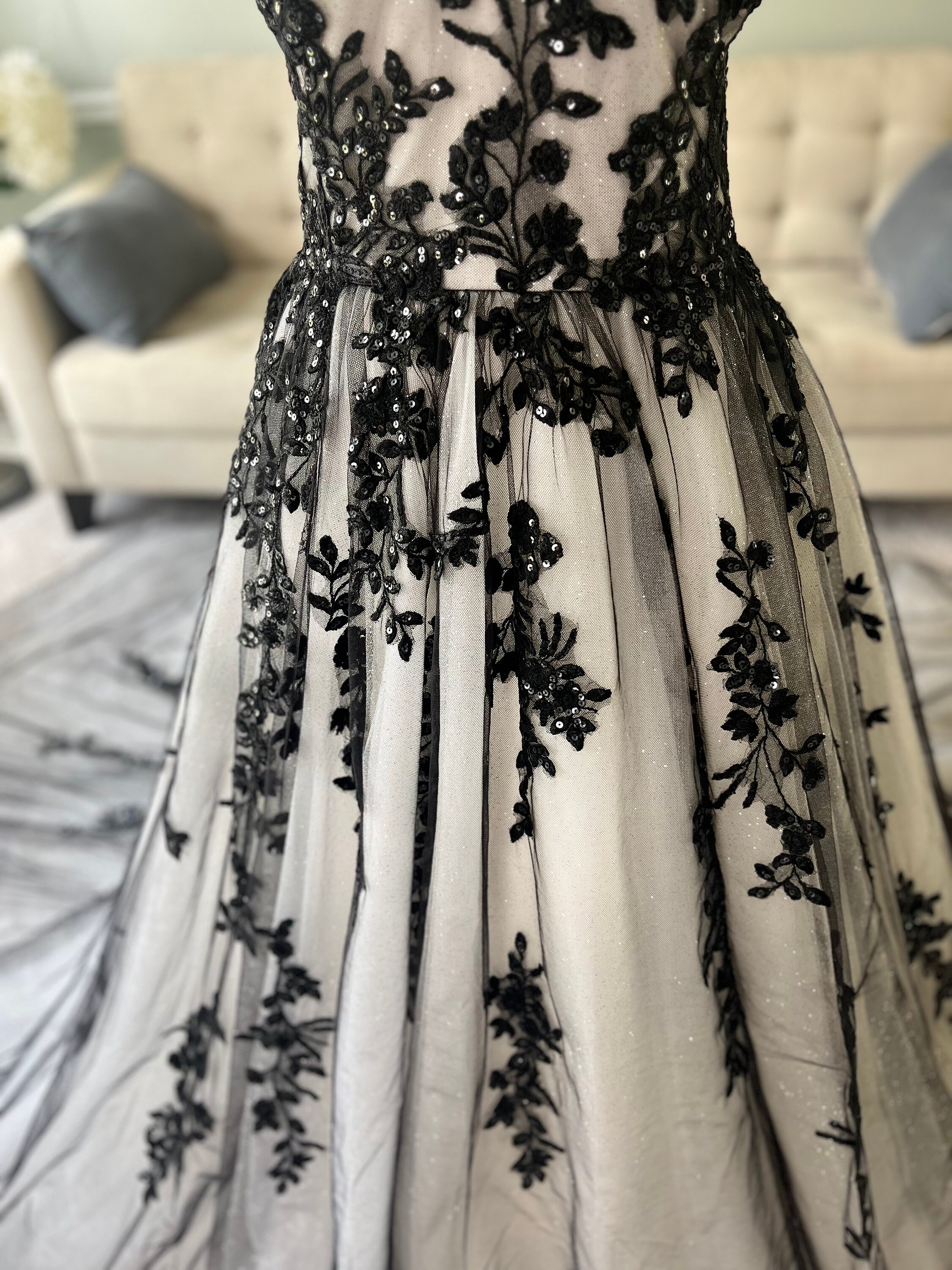 Hailey Black Lace Wedding Dress: Ivory and Grey Sequin Gown with Sleeves Hailey Black Lace Wedding Dress: Ivory and Grey Sequin Gown with Sleeves