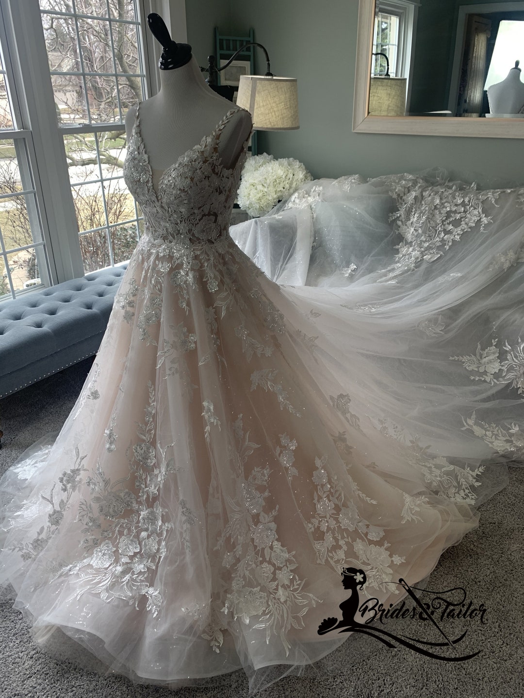 Blush Wedding Dress,aline Wedding Dress, V Neckline Wedding Dress