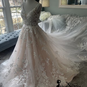 Irene Blush Wedding dress,A-Line Wedding Dress, V neckline wedding dress, Lace wedding dress