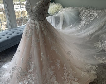 Irene Blush Lace Wedding Dress: A-Line V-Neck Tulle Gown