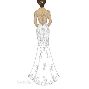 May include: A hand-drawn illustration of a wedding dress with a lace bodice and a flowing skirt. The back of the dress is shown, with a low back and a delicate lace design. The dress is white and has a long train. The caption reads "Back of the dress without the removable train" and "#weddingdress #weddinginspo".