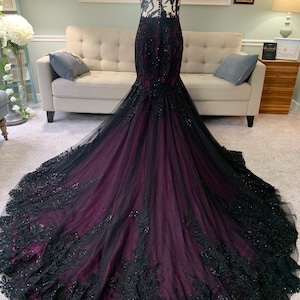 Black and Purple Wedding Dress, Gothic Wedding Dress, Trumpet Black Dress, Black Lace Wedding Dress, Illusion Back Wedding Dress