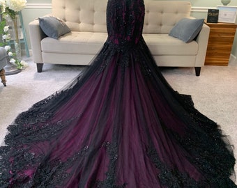 Rayne Black and Purple Wedding Dress, Gothic Wedding Dress, Trumpet Black Dress, Black Lace Wedding Dress, Illusion Back Wedding Dress