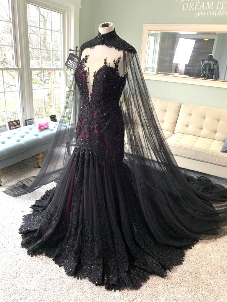 Olivia Black Lace Wedding Dress With Cape: Gothic Bridal Gown, Illusion ...