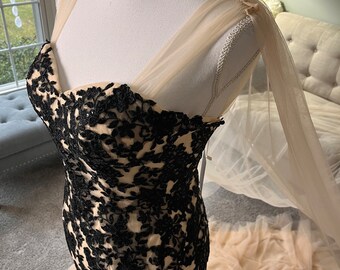 Bridget Black Lace Champagne Wedding Dress: Trumpet Mermaid Gown with Cape Veil